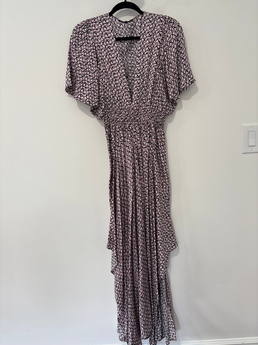 Maje Short Sleeve Midi Dress Asymetrical Hem Pink and Black Size 36(S)